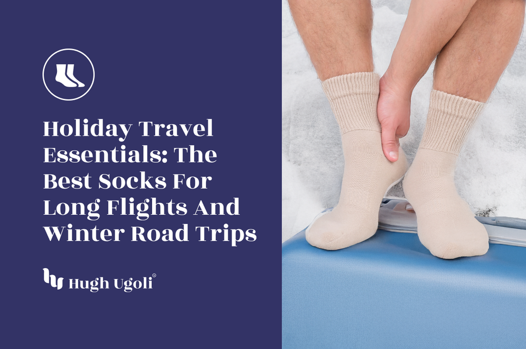 Person putting on socks with text about travel socks for long flights and winter road trips.