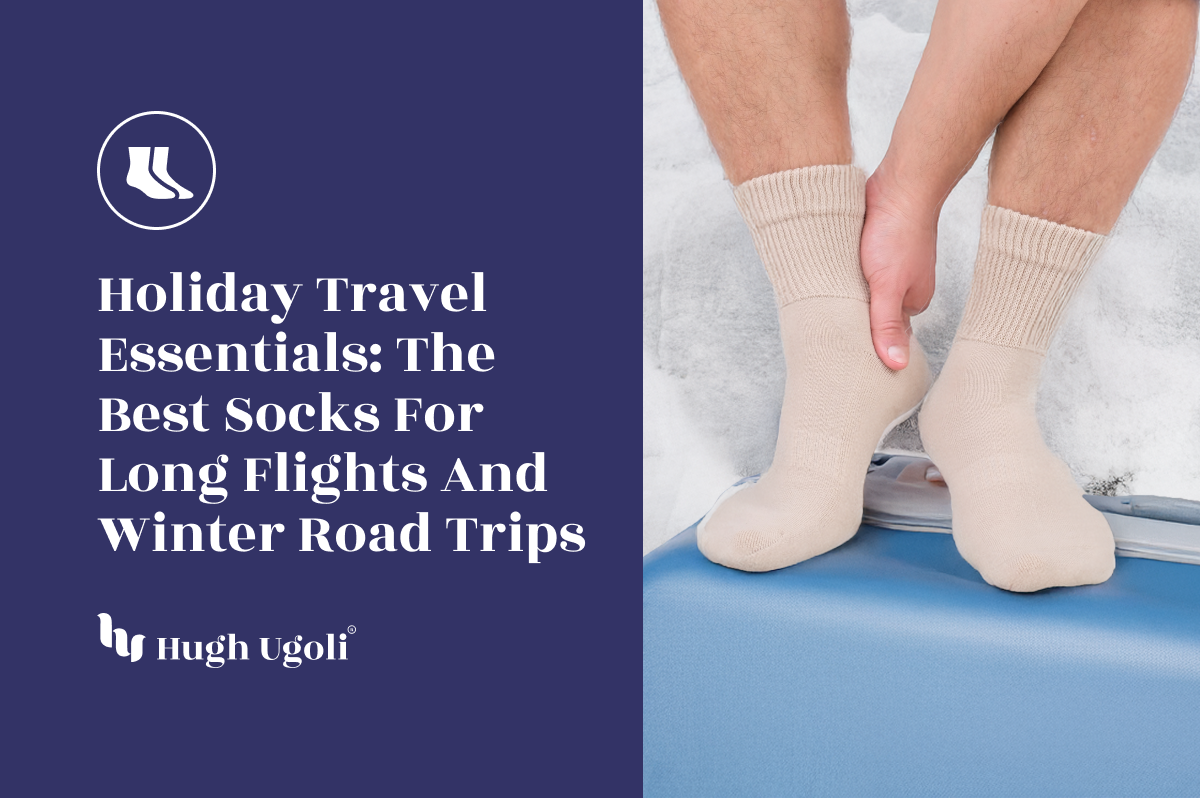 Person putting on socks with text about travel socks for long flights and winter road trips.
