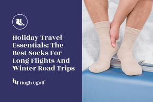 Person putting on socks with text about travel socks for long flights and winter road trips.