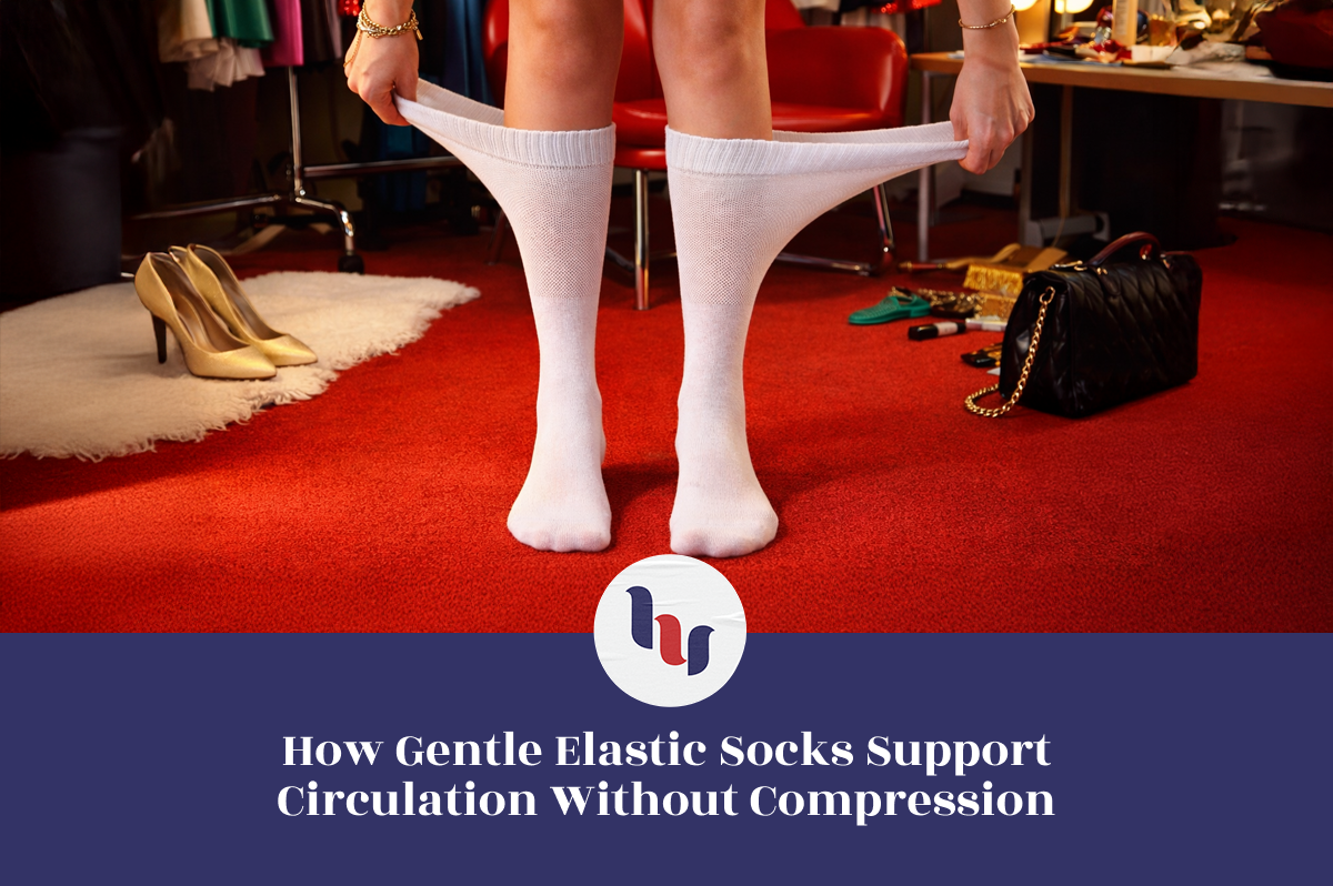 Person wearing dark shoes and red socks sitting on a leather chair with a checkered floor.