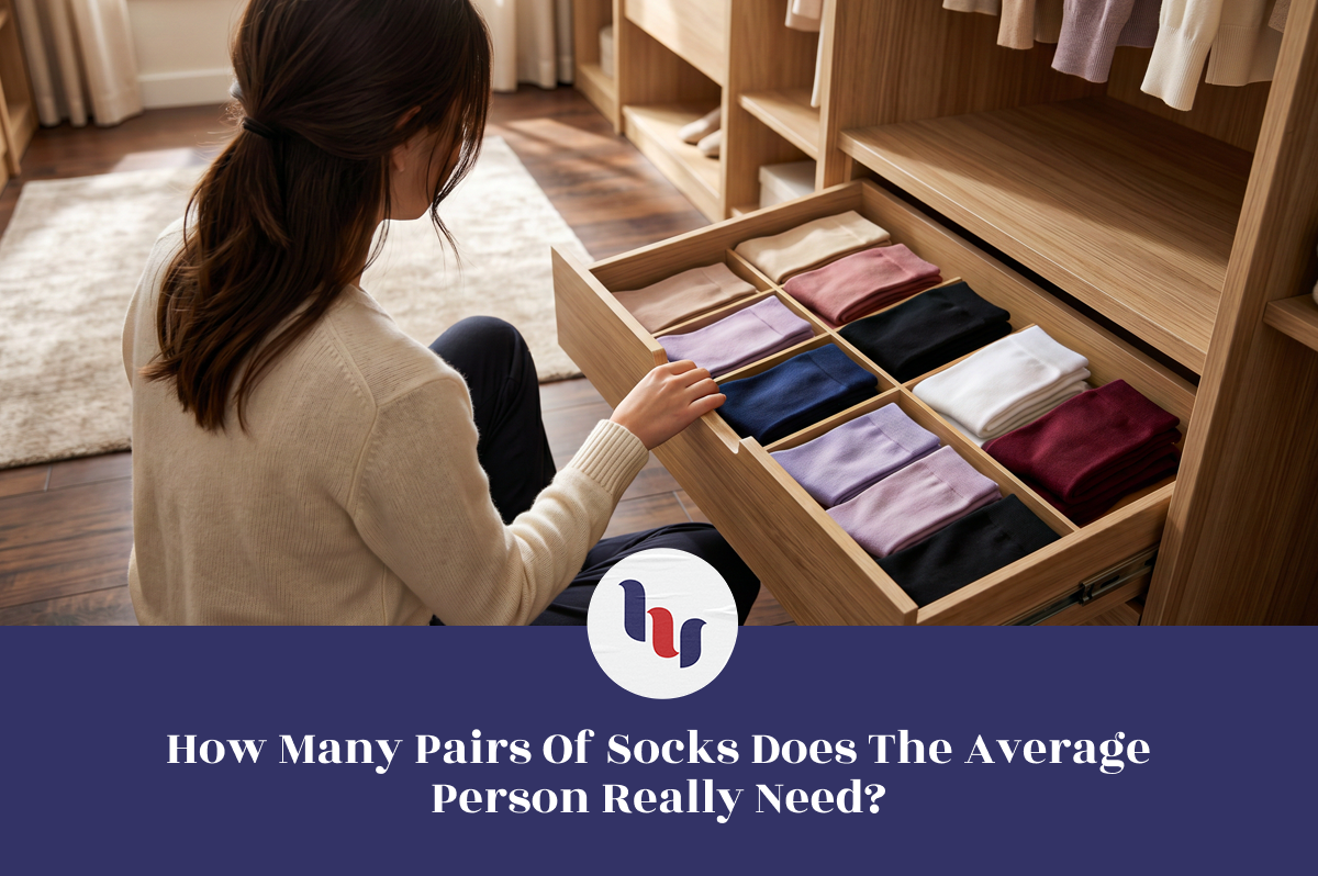 Person organizing socks in a wooden drawer with text about sock needs.