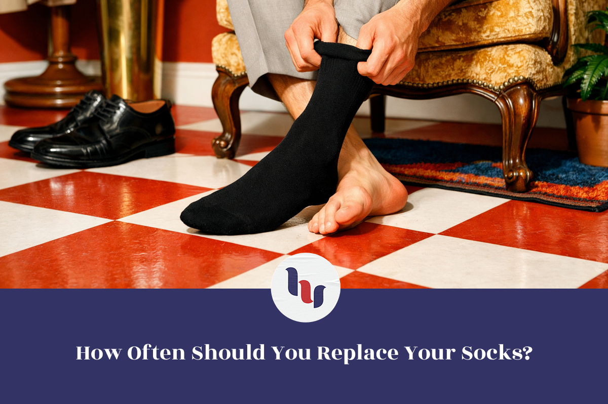 Person putting on a black sock with text about sock replacement frequency.