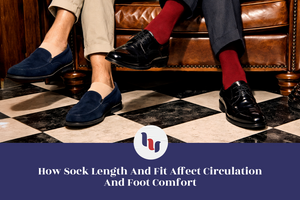 Person wearing dark shoes and red socks sitting on a leather chair with a checkered floor.