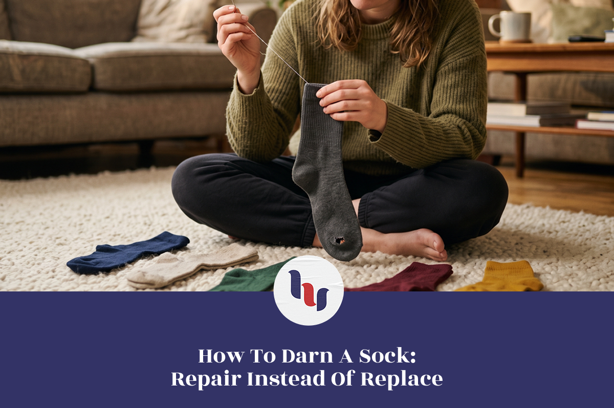 Woman holding a gray sock with a hole while preparing to darn it at home