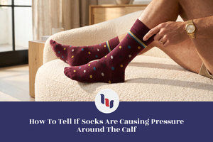 Person wearing polka dot socks sitting on a couch with text about sock pressure.