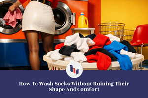Laundry scene with colorful socks in a basket and a person washing clothes in a machine.