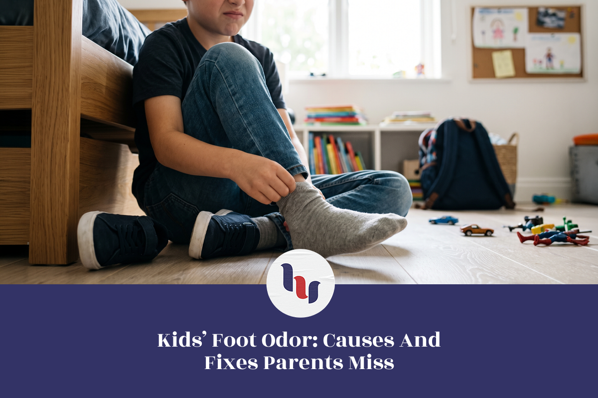 Child sitting on a bedroom floor removing a gray sock with a displeased expression.