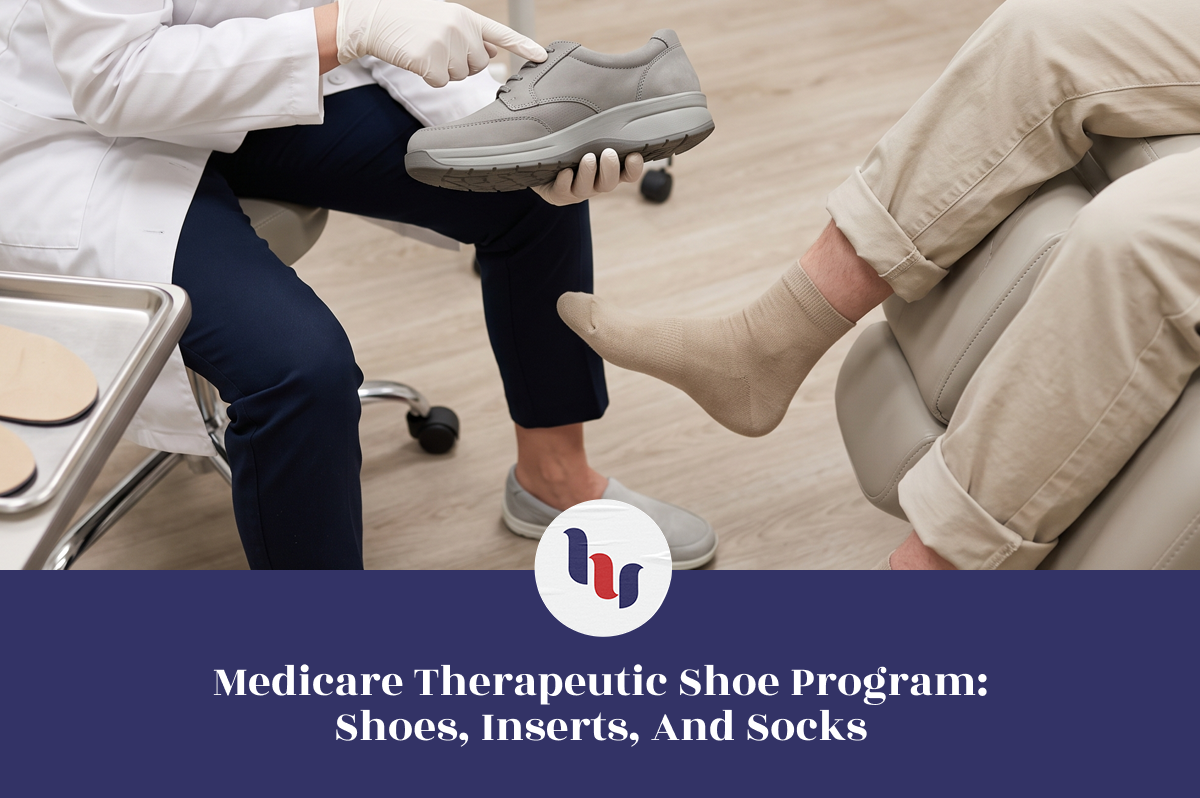 Healthcare professional showing a therapeutic shoe to a patient wearing beige socks.