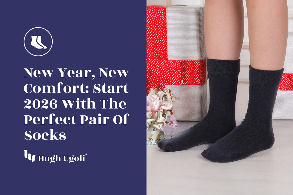 Black Hugh Ugoli socks worn near wrapped New Year gifts, symbolizing fresh beginnings, comfort, and cozy winter essentials for 2026.