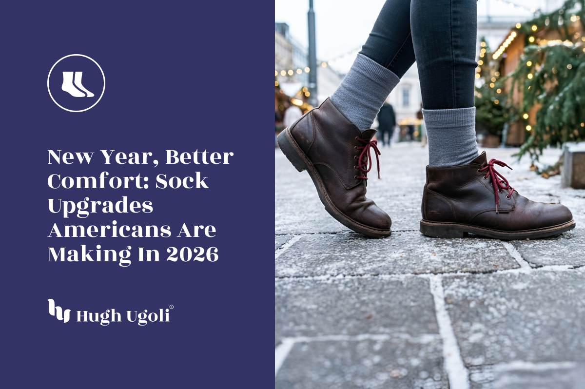 Person wearing brown boots and gray socks on a sidewalk with text about sock upgrades for 2026.