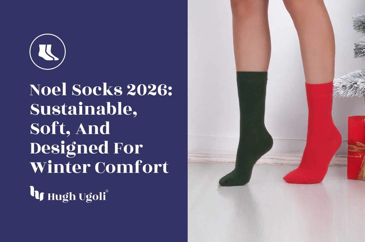 Red and green socks worn by a person with a white background and 'Hugh Ugolf' branding.