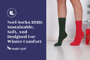 Red and green socks worn by a person with a white background and 'Hugh Ugolf' branding.