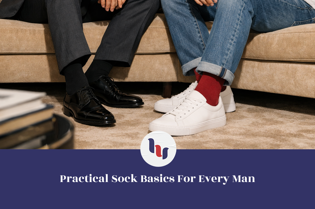 Two pairs of feet wearing different types of socks with a brand logo and text at the bottom.