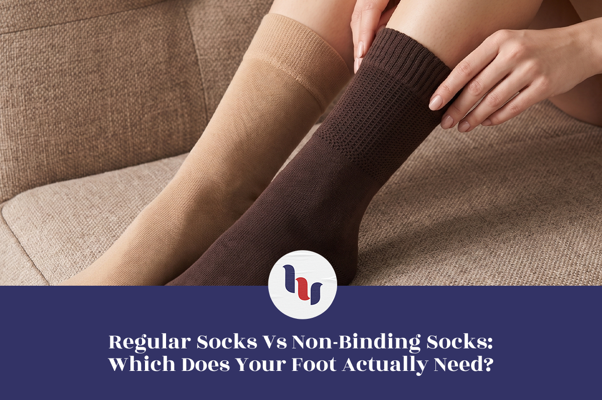 Close-up comparison of beige regular socks and dark brown non-binding socks on feet.