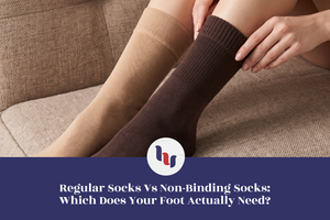 Close-up comparison of beige regular socks and dark brown non-binding socks on feet.