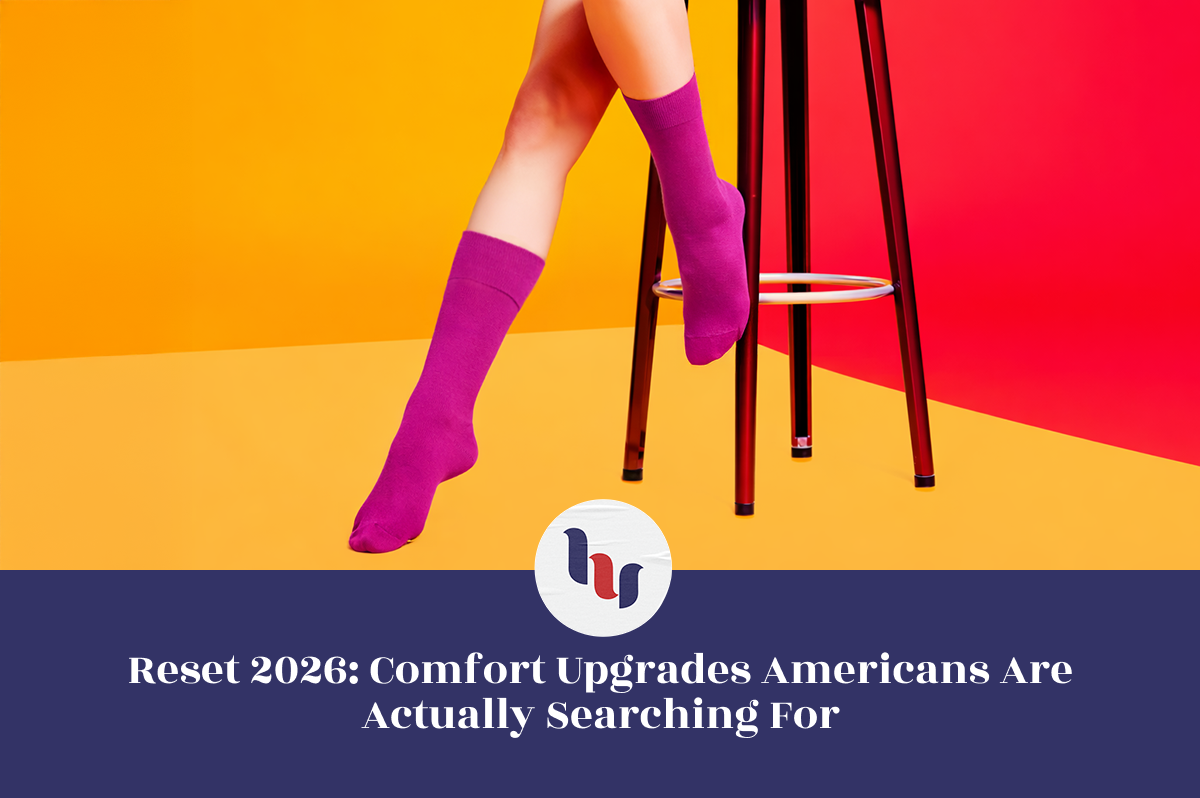 Person wearing purple socks sitting on a stool with a colorful background and a logo at the bottom.