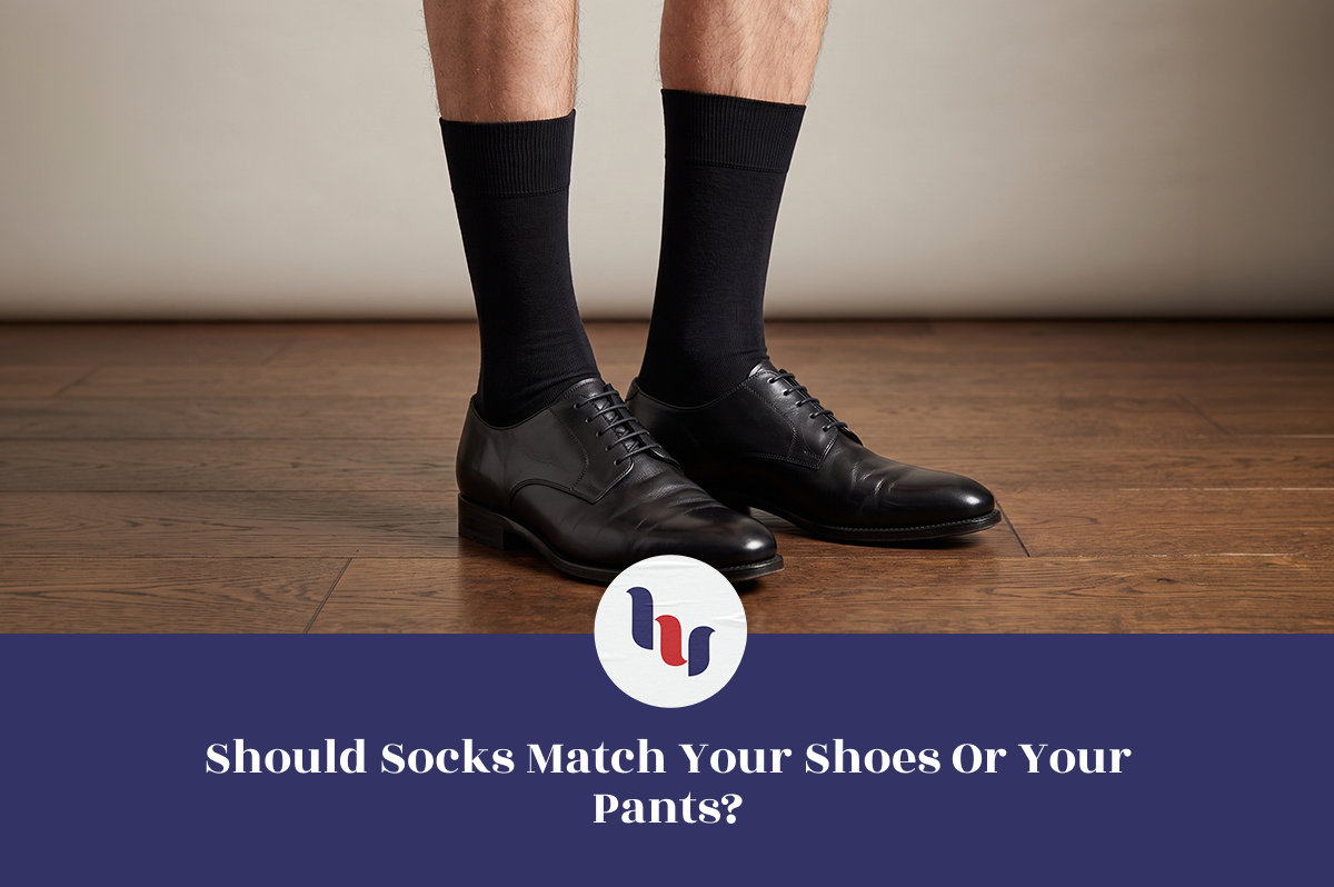 Black dress socks paired with formal leather shoes for a classic style comparison.