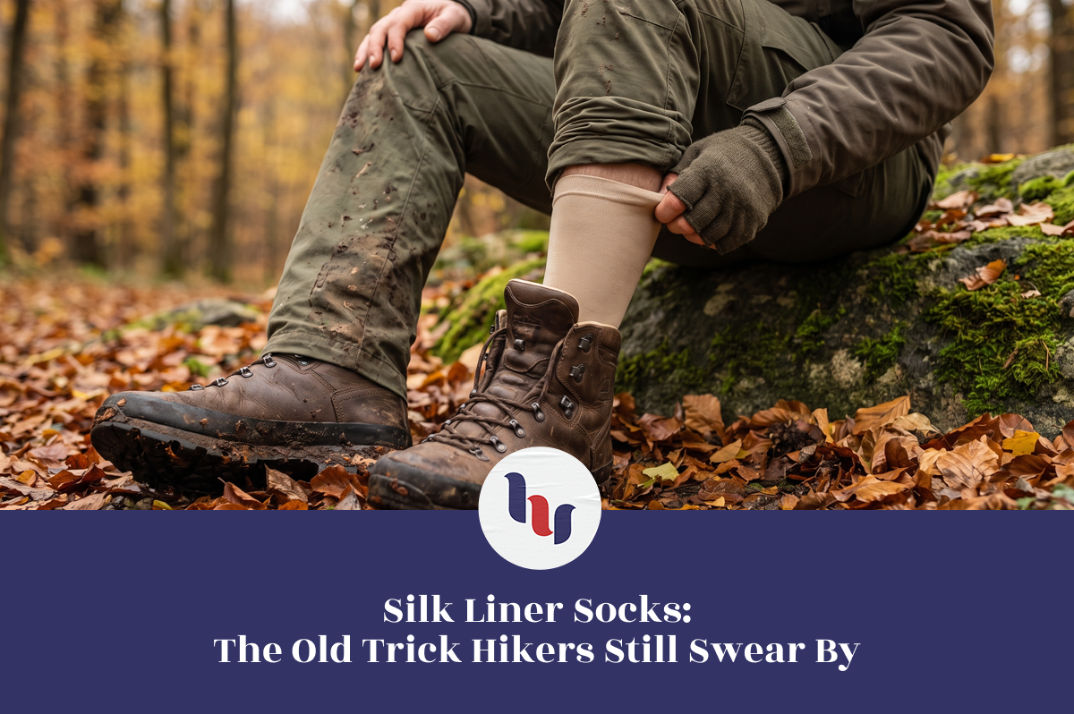 Hiker adjusting beige liner socks above hiking boots in an autumn forest