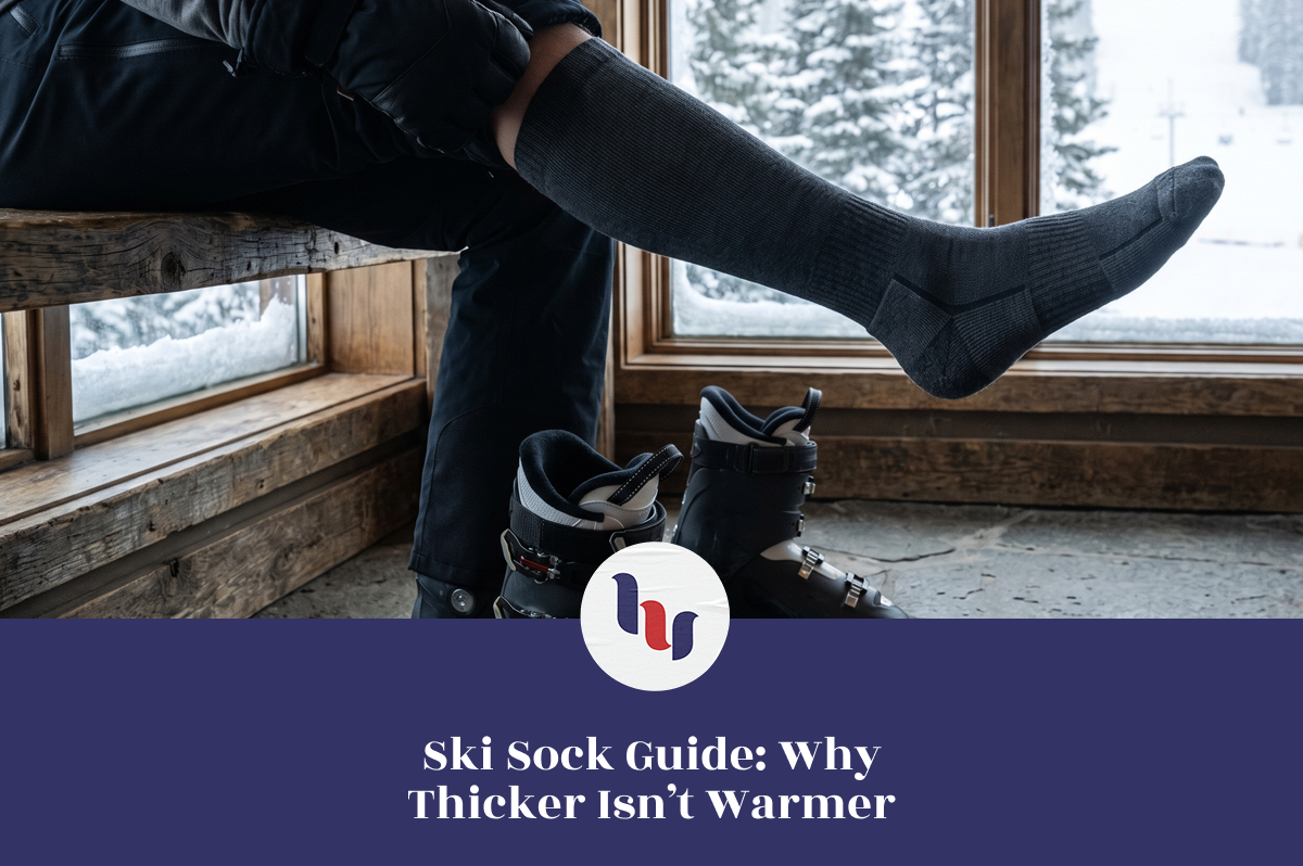 Person wearing dark ski socks beside ski boots in a snowy mountain lodge.
