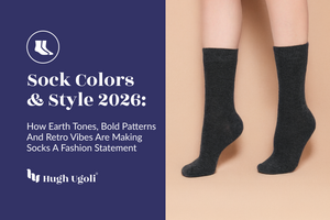 Black socks worn by a person on a beige background with text about sock colors and style 2026 with Hugh Ugoli