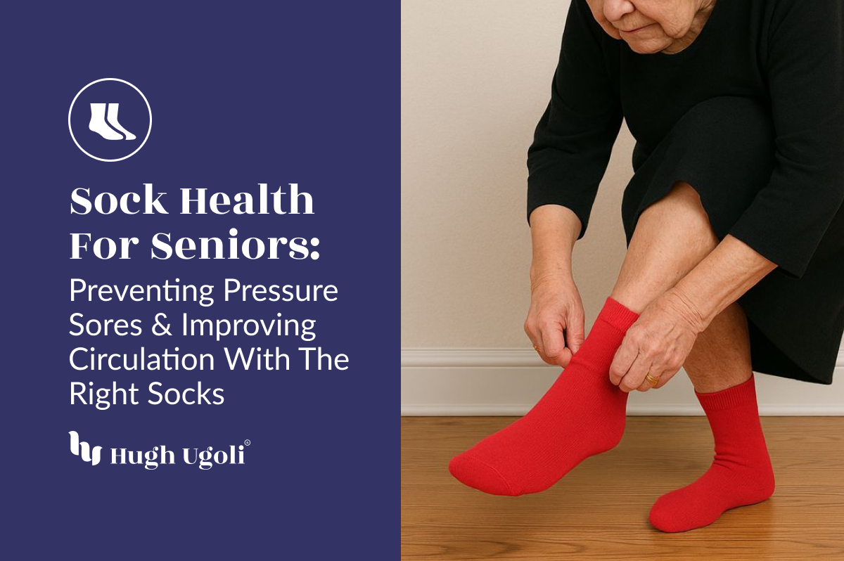 Senior woman putting on red Hugh Ugoli socks at home, representing sock health for seniors with a focus on preventing pressure sores and improving circulation.