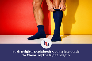 Person wearing blue socks against a red and yellow background with text about sock heights.