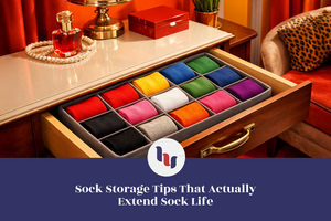 Colorful socks in a drawer with a decorative background
