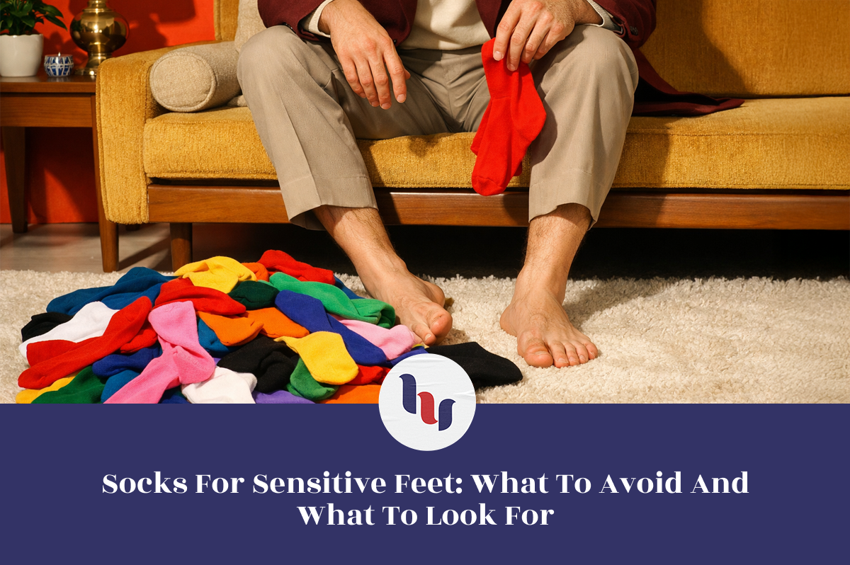 Person sitting on a couch with a pile of colorful socks and a red sock, with text about sensitive feet and sock choices.