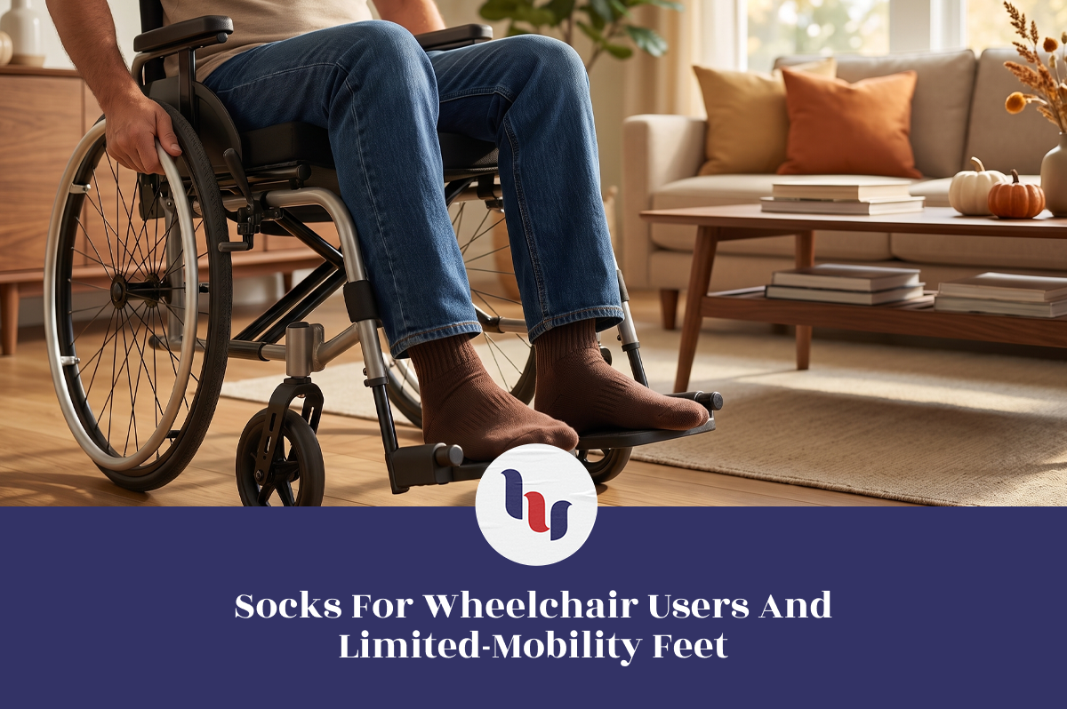 Person in a wheelchair with comfortable socks visible on the footrests