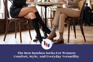 Two women wearing stylish bamboo socks at a cafe.