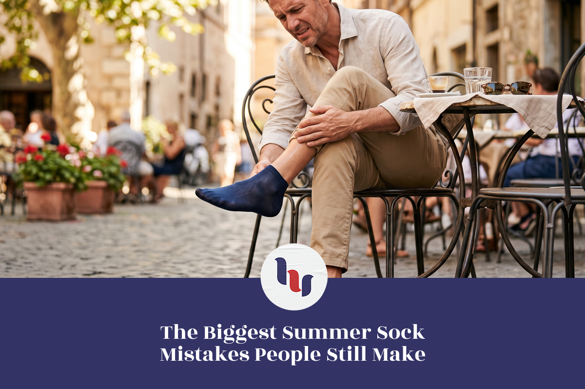 Person experiencing discomfort from wearing socks on a hot summer day.