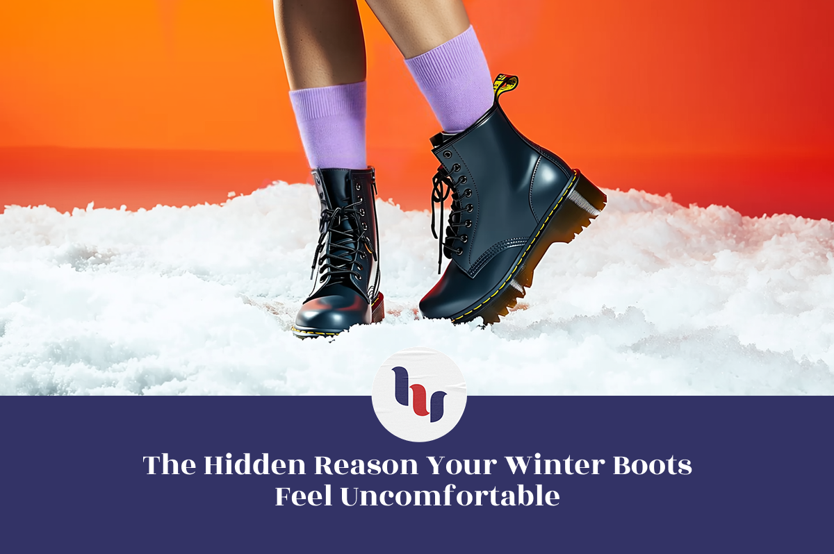 Person wearing black winter boots and purple socks on a snowy surface with an orange background.