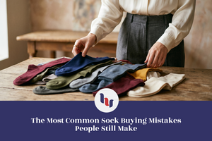 Person selecting socks from a mixed collection, highlighting common mistakes shoppers make when choosing socks.