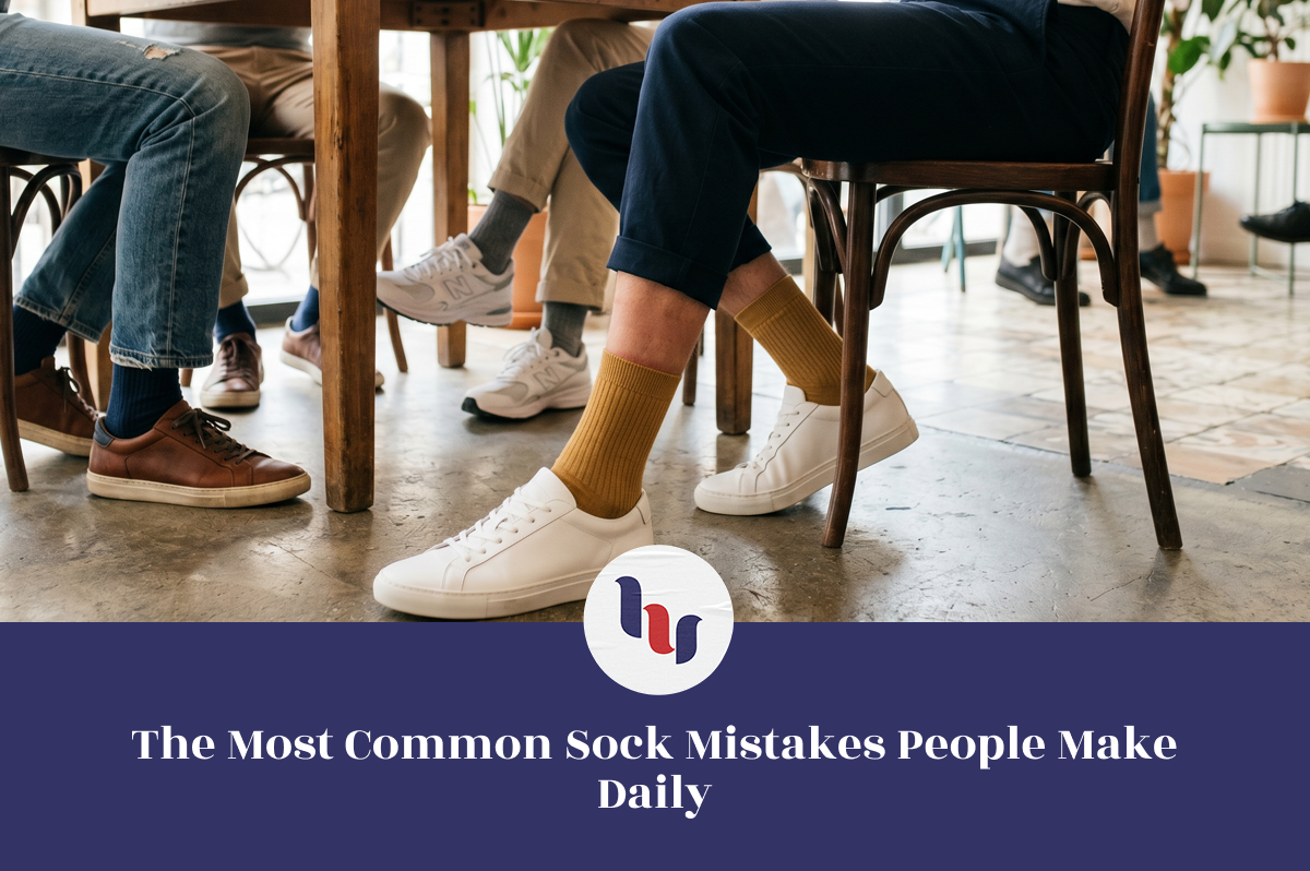 People sitting at a table with their feet showing, wearing different socks and shoes.