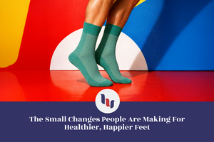 Person standing on tiptoes wearing green breathable crew socks against a colorful studio background, highlighting foot comfort and everyday movement