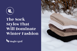 Stack of socks on snow with text about sock styles dominating winter fashion