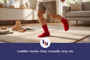 Young child running indoors while wearing bright red crew socks.