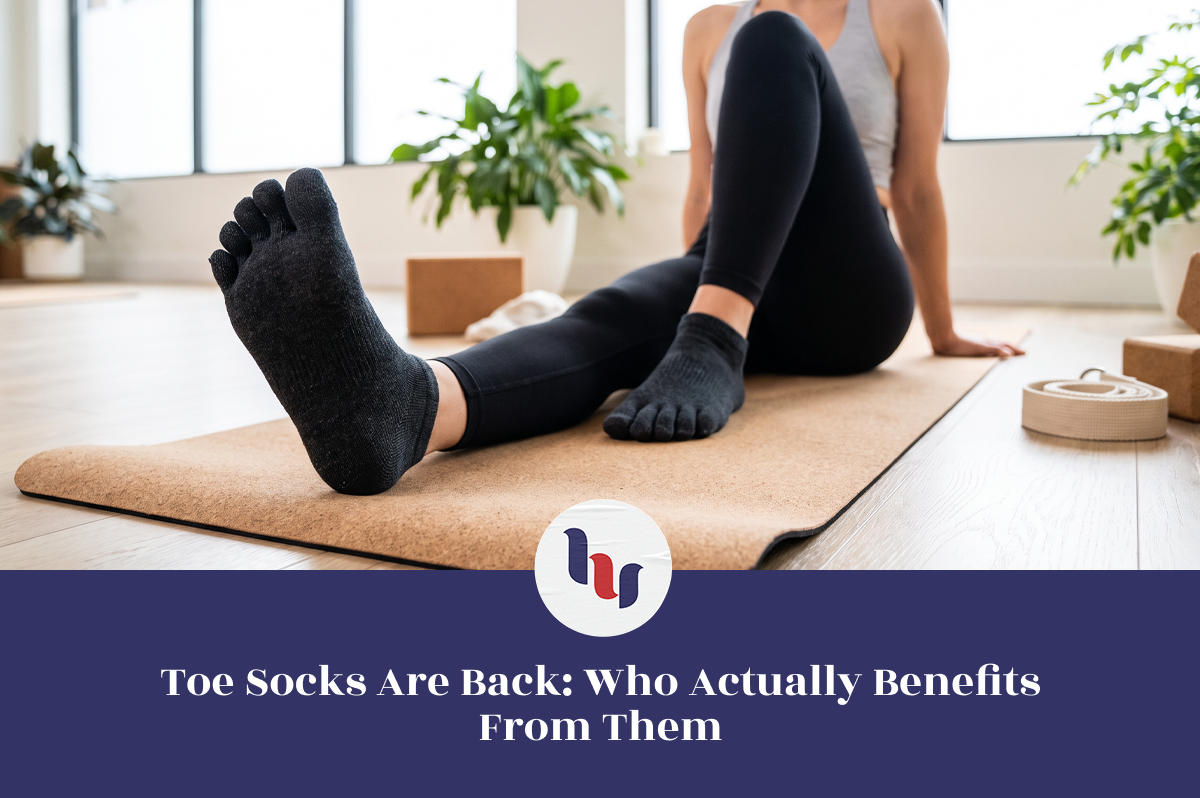 Woman seated on a yoga mat wearing dark gray toe socks during a stretching session.