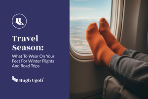 Person wearing orange socks with a view of clouds through an airplane window, with Hugh Ugolf branding.