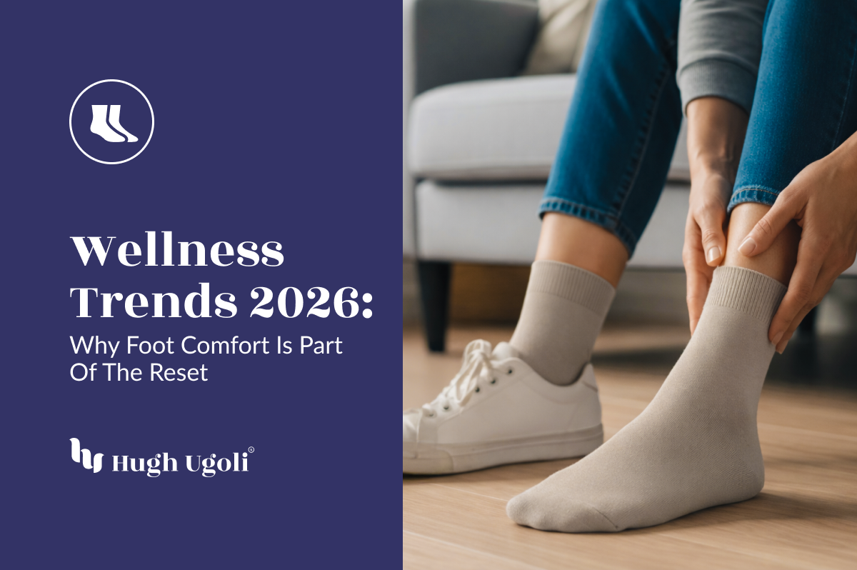 Person putting on socks with text about wellness trends 2026 and Hugh Ugoli branding.