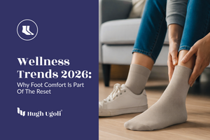 Person putting on socks with text about wellness trends 2026 and Hugh Ugoli branding.