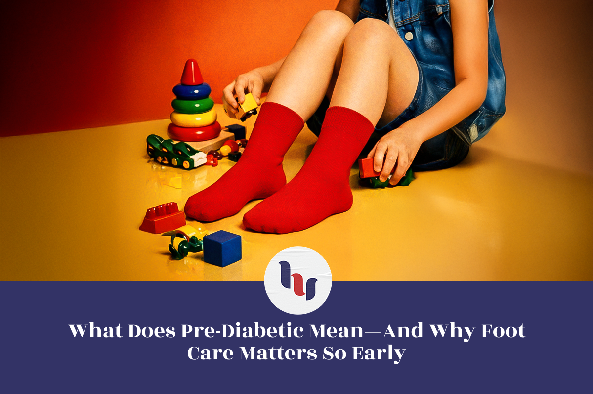 Person wearing red socks sitting on a floor with toys, accompanied by a question about pre-diabetic conditions and foot care.