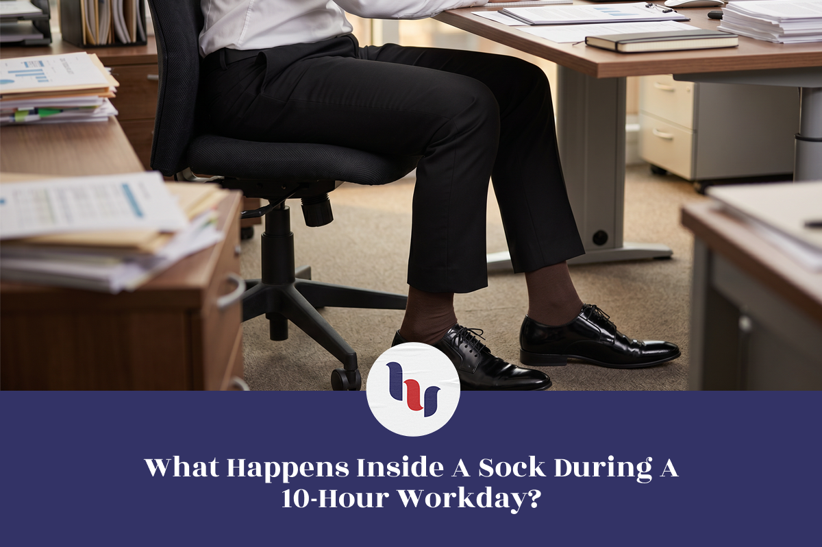 Office worker seated at a desk wearing dress socks and formal shoes during a long workday, illustrating the heat, moisture, pressure, and friction that build up inside a sock over 10 hours of wear.