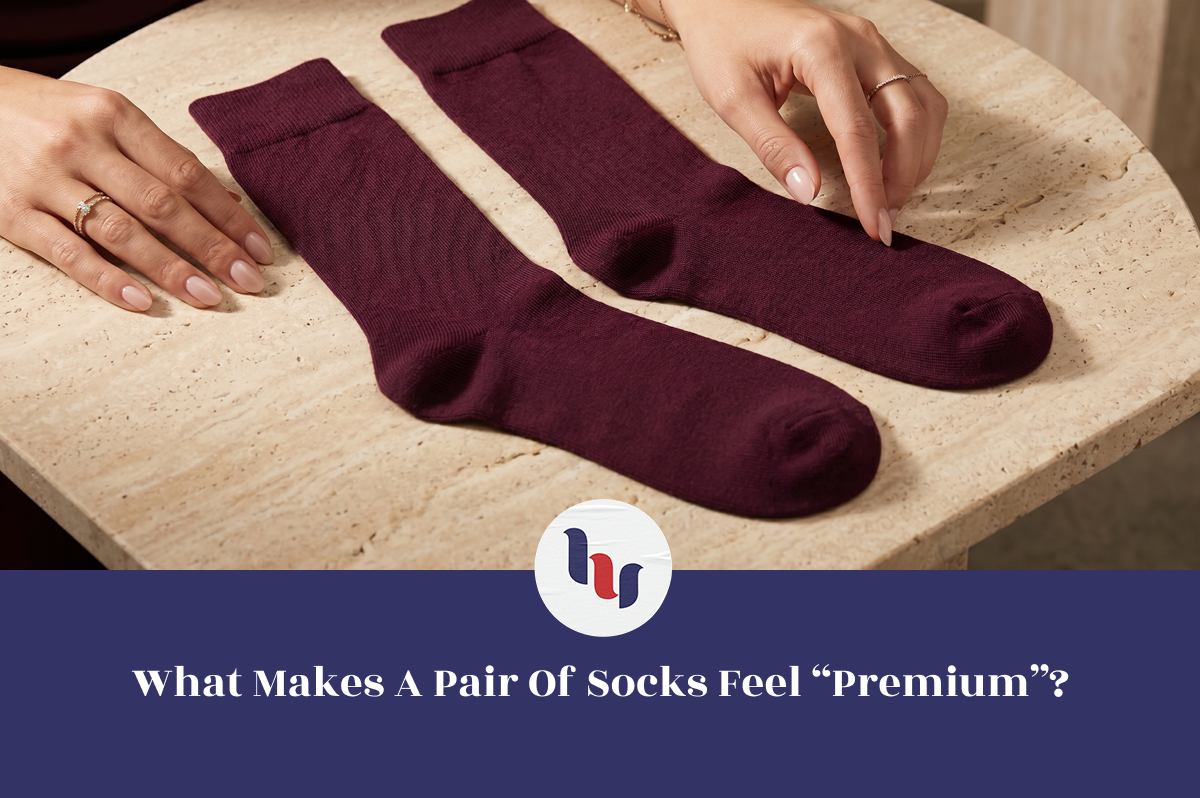 Burgundy crew socks displayed on a stone tabletop, showcasing premium materials and craftsmanship.