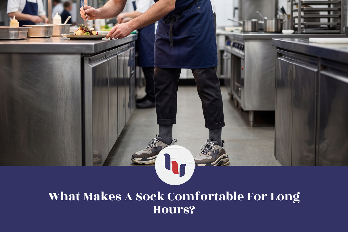 Person working in a kitchen with text overlay about comfortable socks for long hours