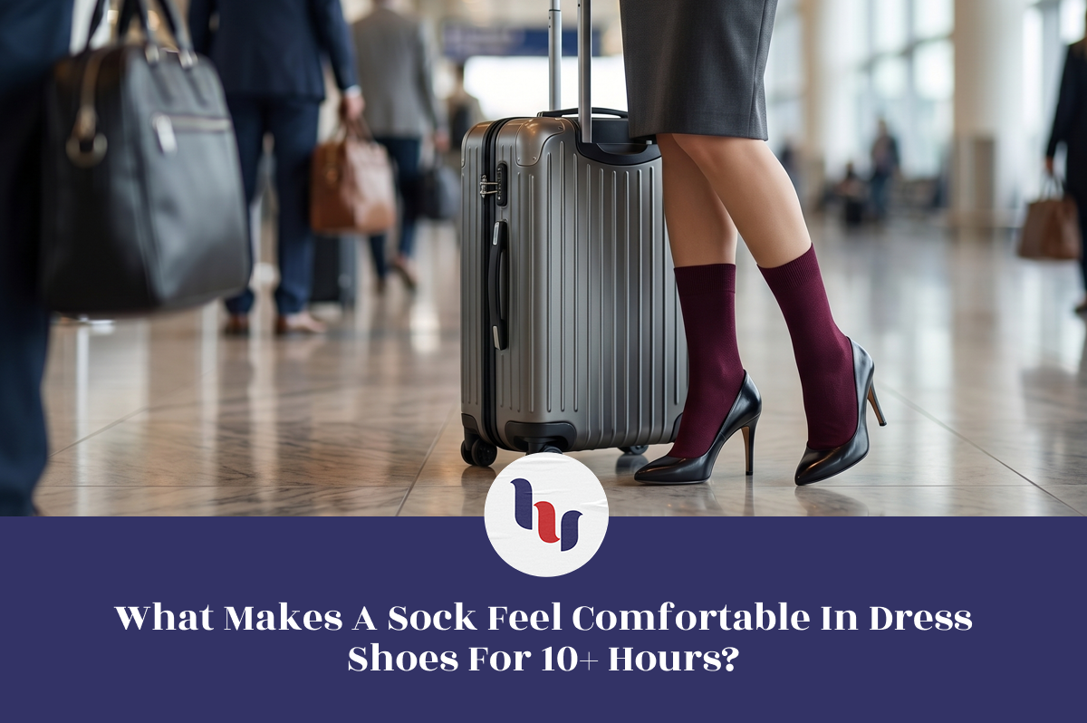 Person with suitcase in a busy airport terminal, wearing dark dress shoes and maroon socks.