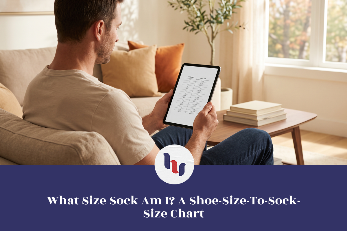 Man seated at home viewing a shoe-size-to-sock-size chart on a tablet.