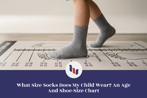 Child measuring feet for the correct sock size.