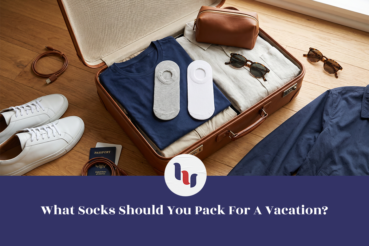 Packed suitcase with no-show socks and travel essentials ready for vacation.