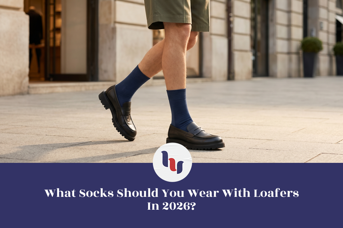 Person walking outdoors in black loafers paired with navy crew socks and shorts, illustrating modern sock styling trends and how to wear loafers comfortably and fashionably in 2026.